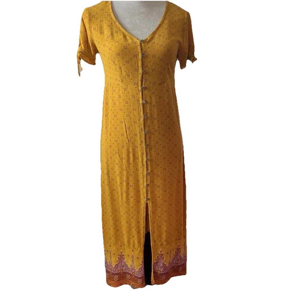 Mudd Women's Vintage Boho Hippie Dress Cottagecore Mustard Button Up Front Small